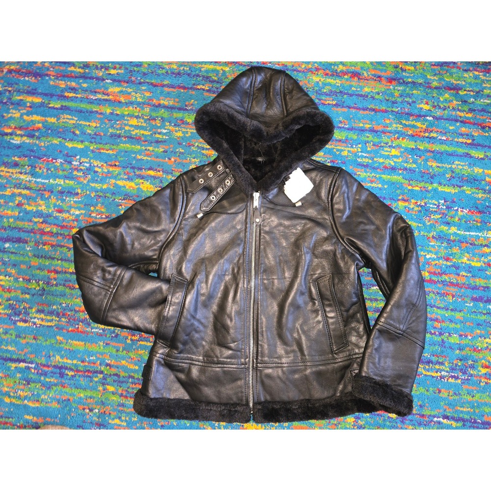 NWT Decrum Grace Shearling Jacket Black Lambskin Leather Hooded Womens Size L